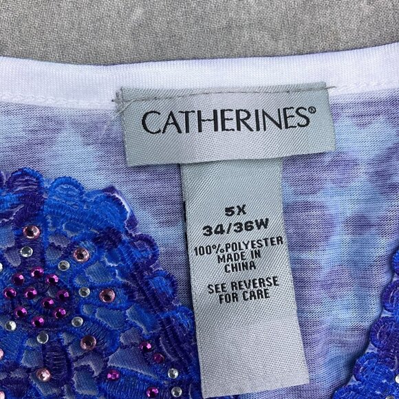 Catherines Top Women 5XLarge 34/36W Blue Purple‎ Embellished Batik Tunic Boho - Picture 4 of 11